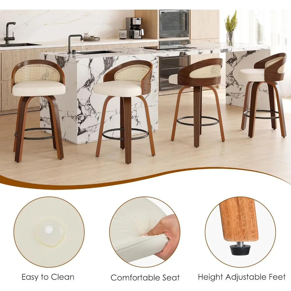 Juego de 2 taburetes de bar giratorios, estructura de madera moderna con respaldo de ratán, taburete de cuero pu para encimera de cocina, ba tapizado de mediados de siglo