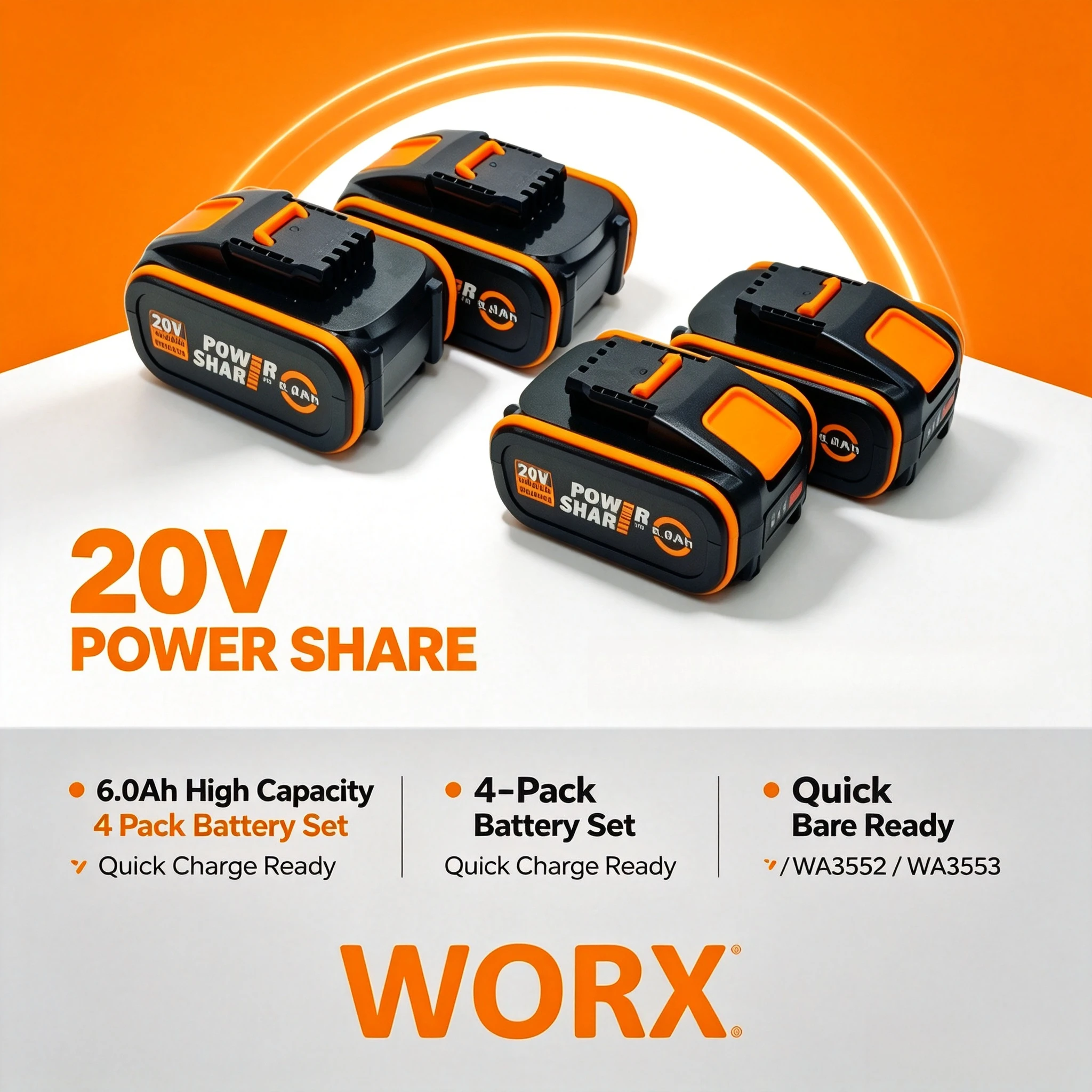 Worx 8.0Ah Original 20V Battery,suppressed self‑heating behavior,over‑voltage lock‑off protection,rigid inner cell support frame