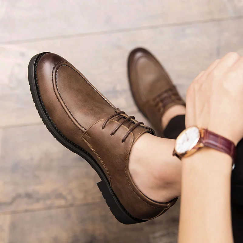 

Korean Trend Men Brown Oxfords Leather Shoes Leather Handmade Comfortable Formal Dress Men Flats Lace-Up Casual Leather Shoes