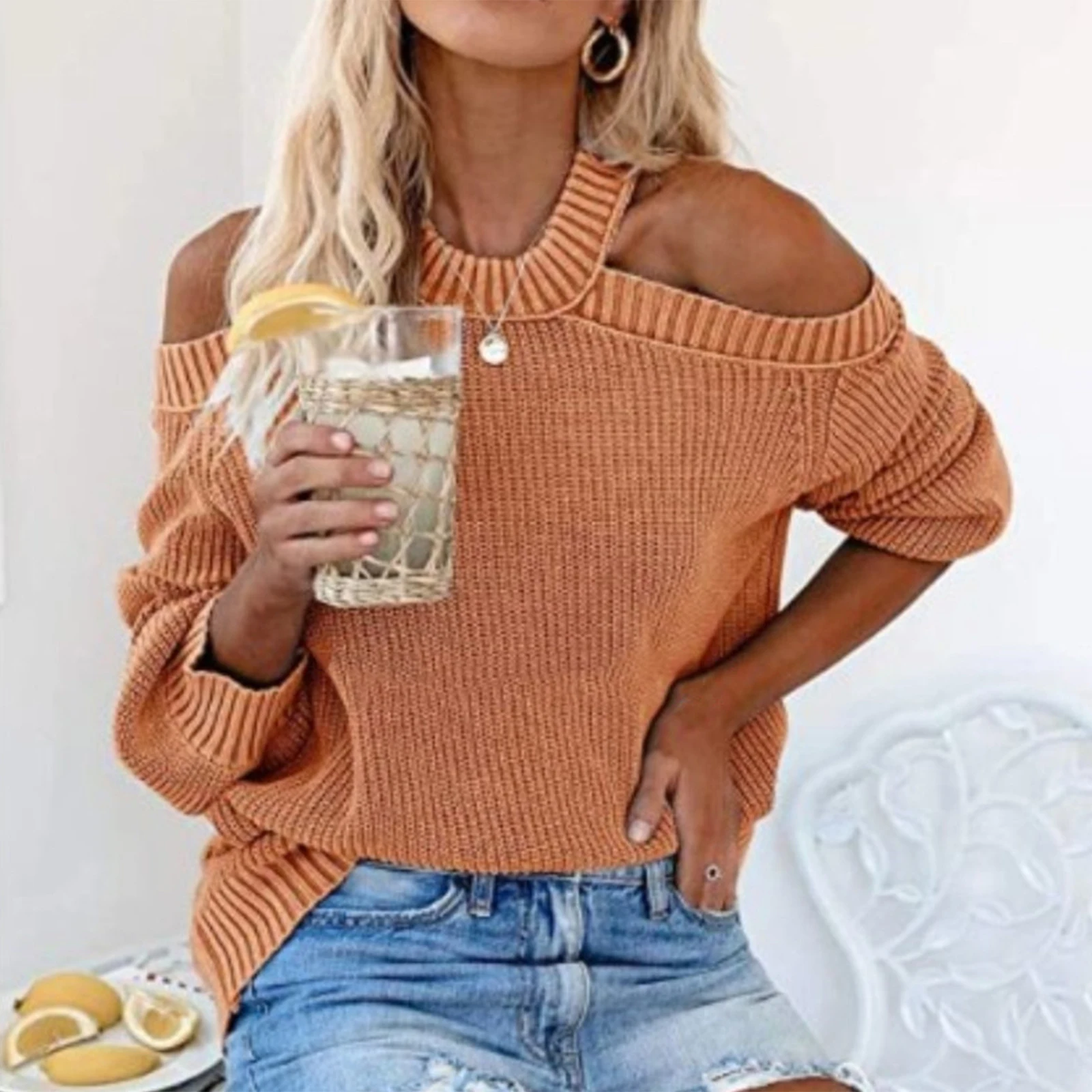 

Women'S Solid Color Sexy Off Shoulder Loose Knit Sweater Top Winter Clothes Woman Ropa De Mujer Sweater For Woman Pulls Femmes