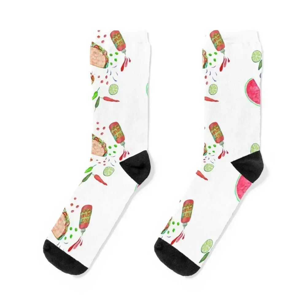 Taco party, taco's onion rings, avocado, limes, chilli, peppers and chilli sauce Socks happy tennis Designer Man Socks Women's