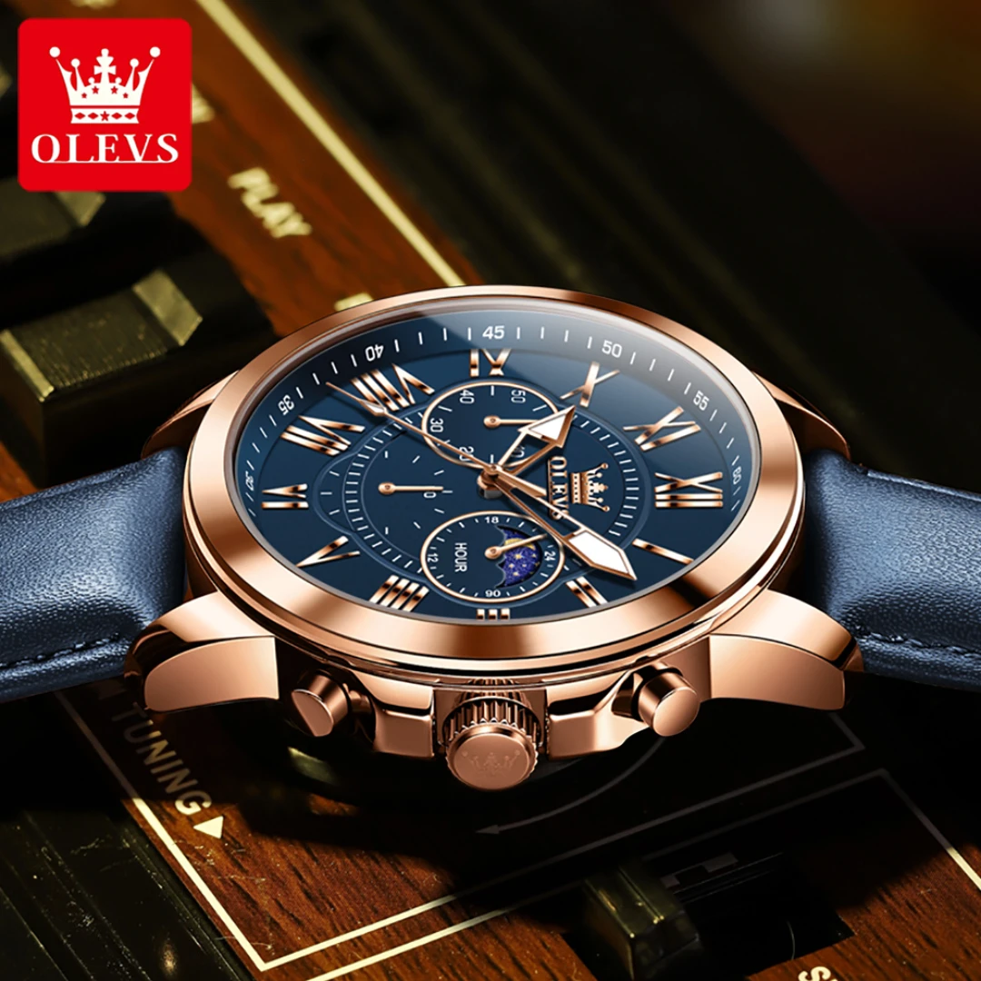 Olevs-レザーウォッチバンド付きクォーツ時計、ラウンドダイヤル腕時計、ムーンフェイズ発光、スモールセカンド、ファッションギフト、3632