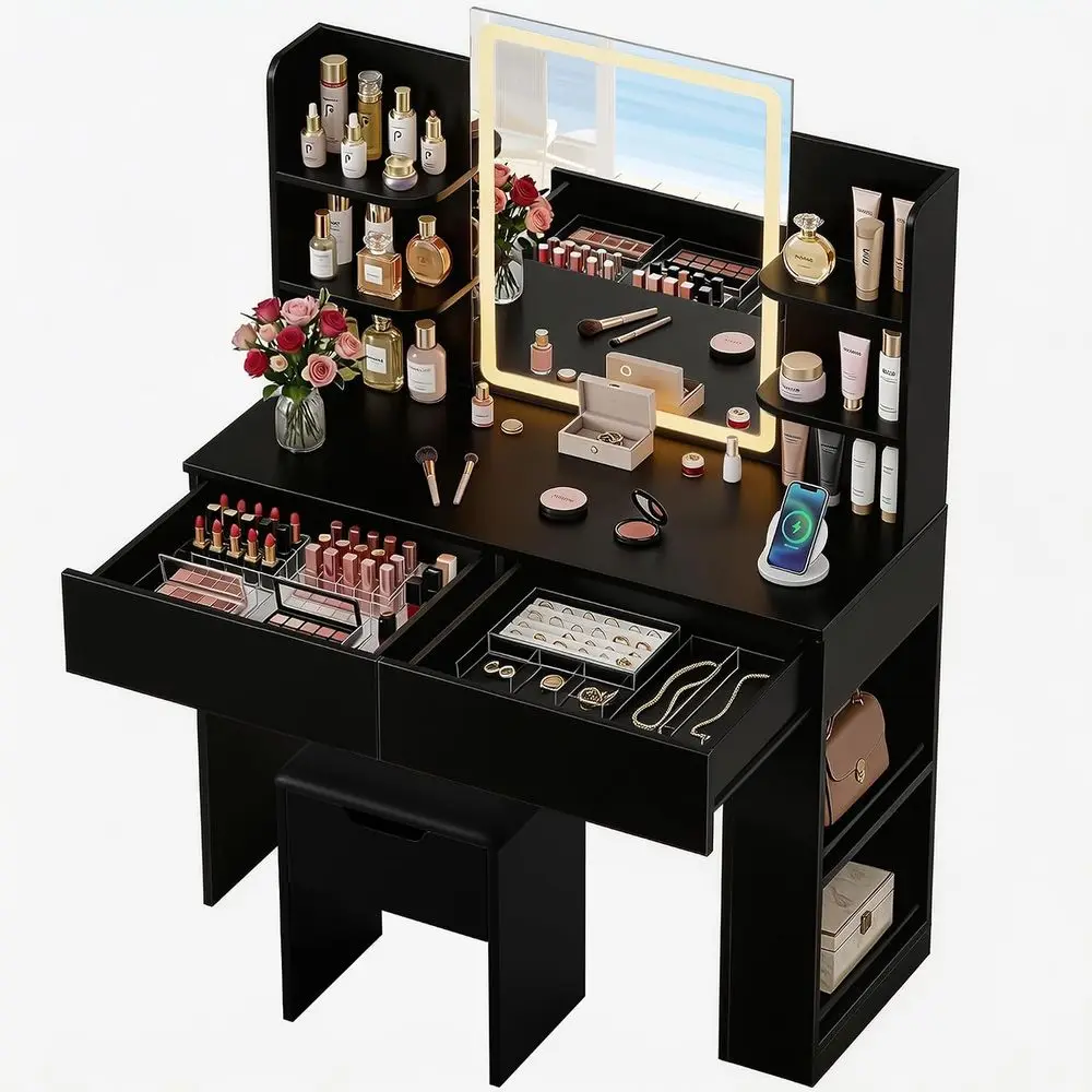 LED-lit Makeup Vanity Desk with Adjustable Brightness, 3 Color Modes, Dual Drawers, Side Storage, and Bench - Black
