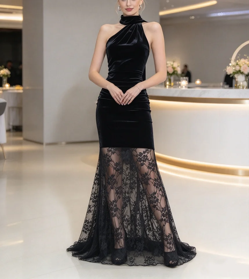 Womens Solid Halter Off Shoulder Lace Mermaid Dress