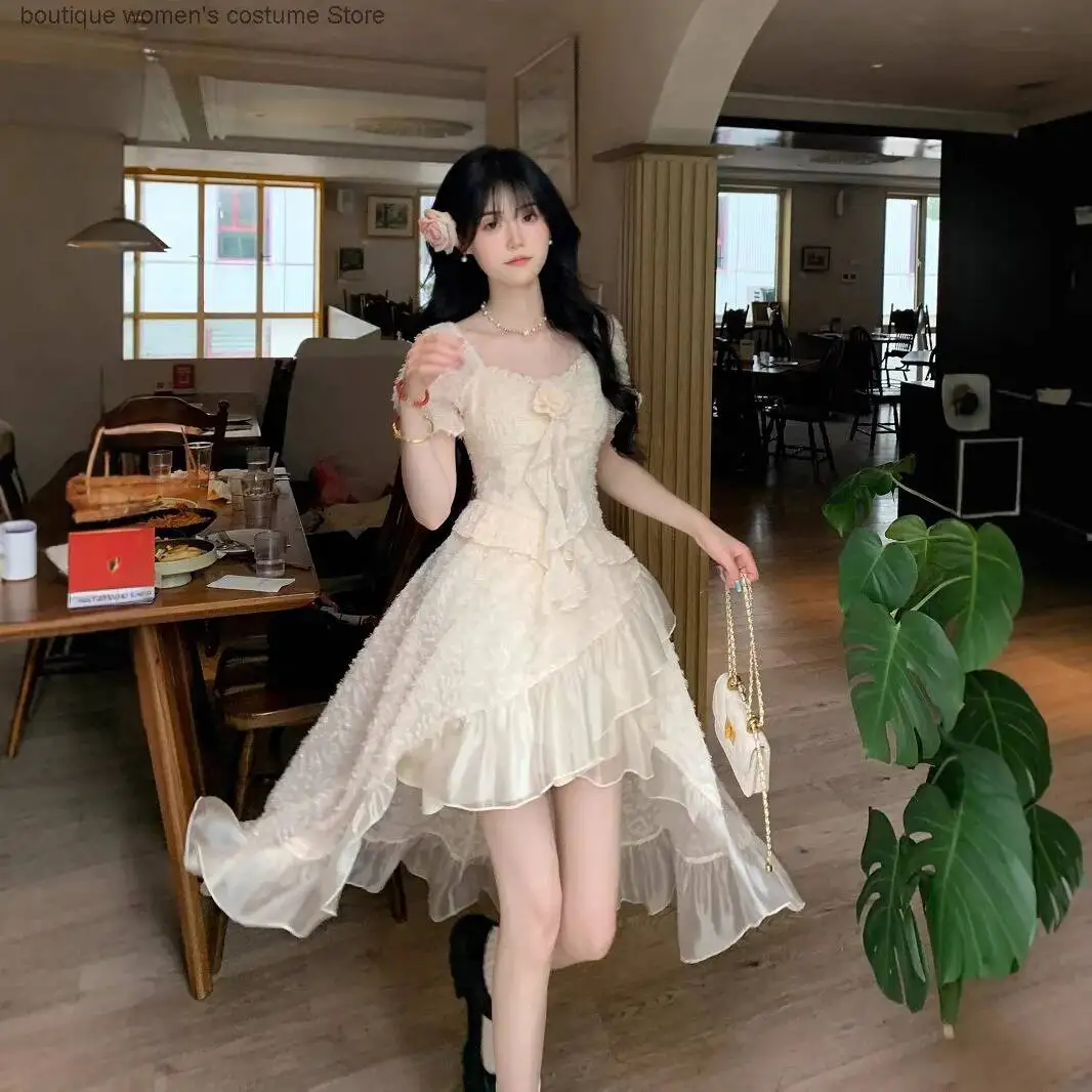 

French-style Square-neck Elegant Age-reducing Dress For Women New Summer Model Front Short And Back Long Irregular Train