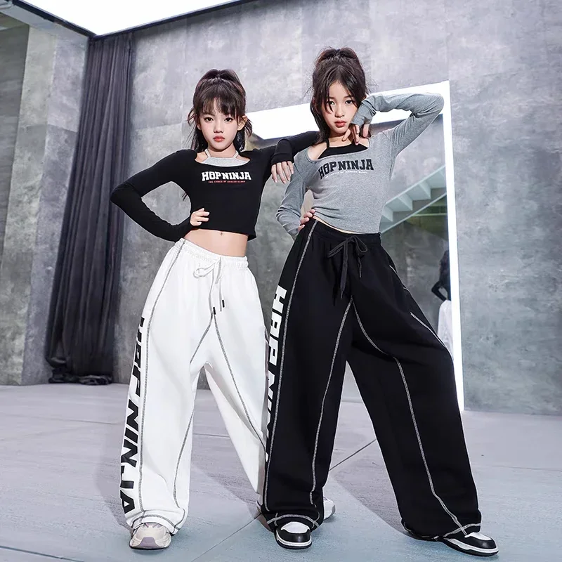 Schwarz Grau Crop Tops Mode Hosen Hip-Hop Performance Kleidung Sets Teenager Kinder Street Dance Outfits Jazz Dance Kostüm