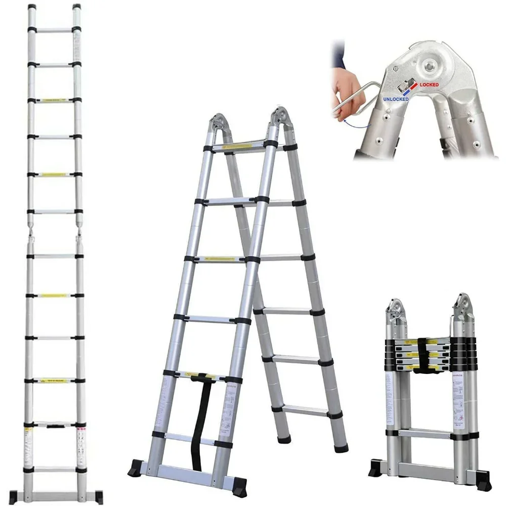 

A-Frame Telescoping Ladder 12.5ft 6 + 6 Steps Adjustable Height with Support Bar Anti-Slip Feet, 330lbs Max Load, Folded Height