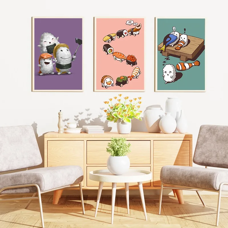 Funny Food Posters Japanese Cuisine Cute Sleep Salmon Sushi Prints Canvas Painting Wall Art Pictures Restaurant Room Home Decor