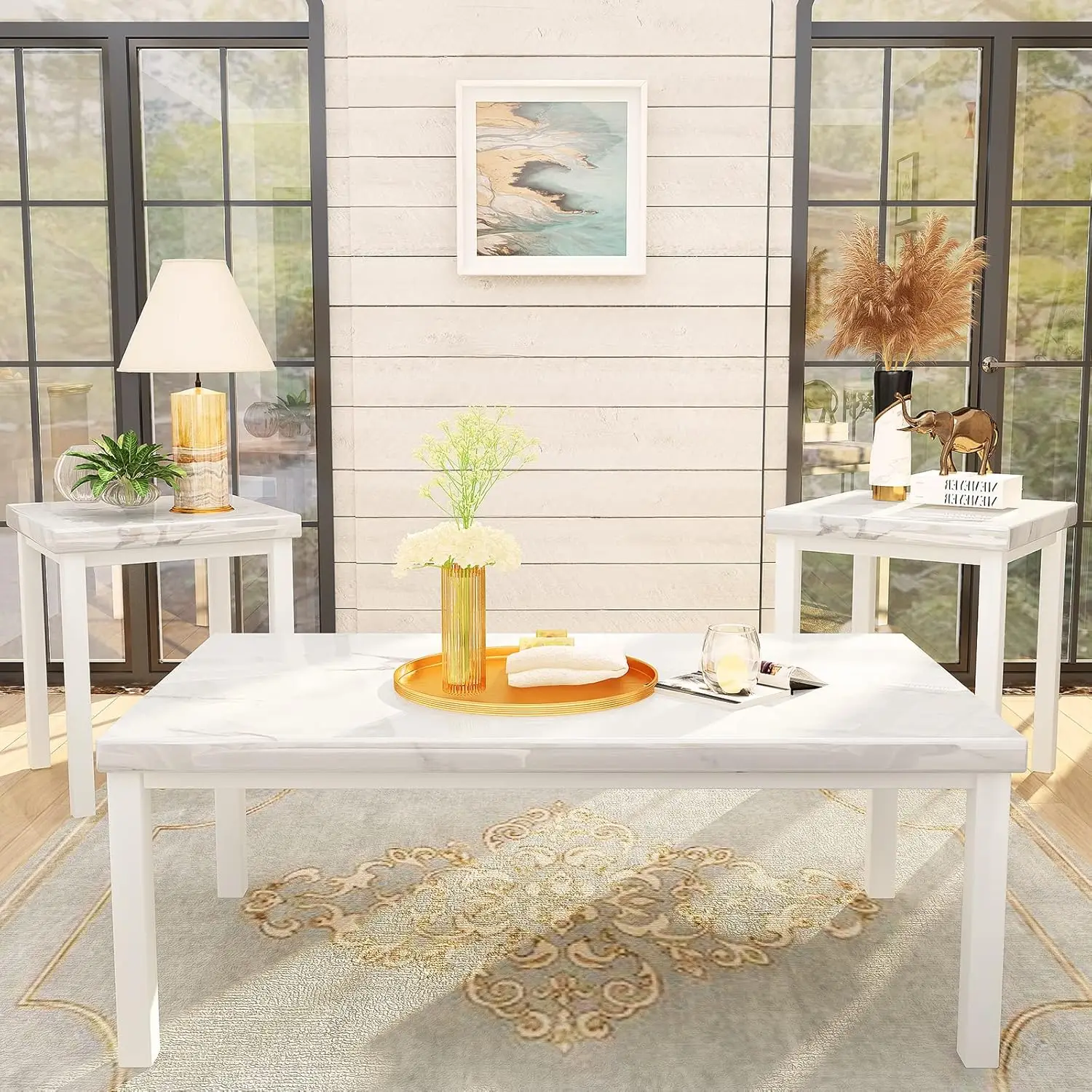 

Faux Marble Coffee Table Set with 2 End Tables Metal Frame Sofa Side Accent Living Room Apartment 3pcs, Customized