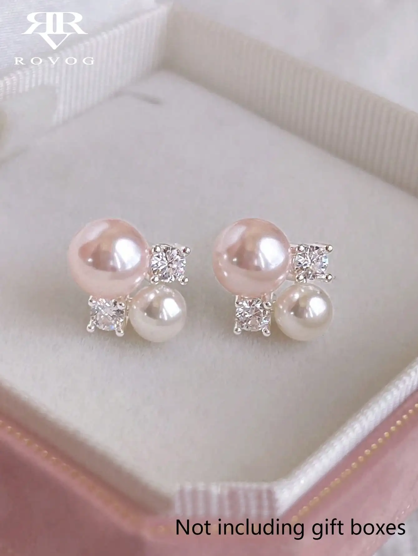 

Double Pearl & Crystal Stud Earrings in Rose and White, Silver-Tone Setting