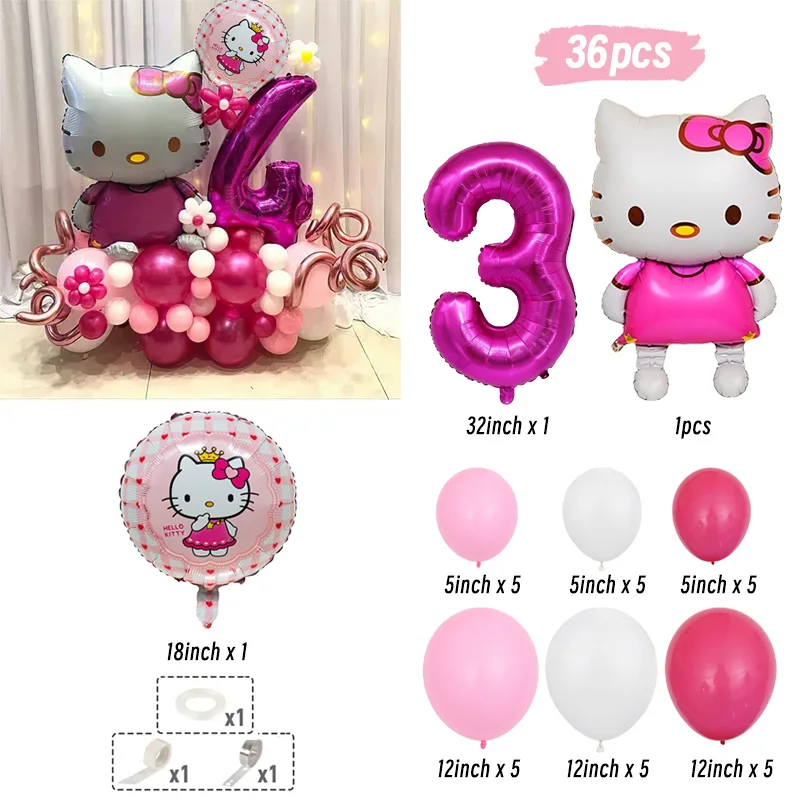 Zestaw 36 sztuk Hello Kitty numer balon z folii aluminiowej z lateksu helowego balonowa dziewczyna dekoracja urodzinowa przybory dla niemowląt