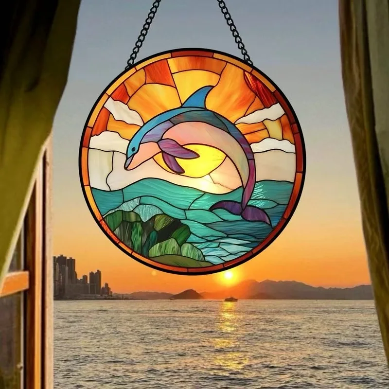 Cross-border ocean-themed sunset dolphin stained glass sun catcher, Tiffany-style round glass window hanging