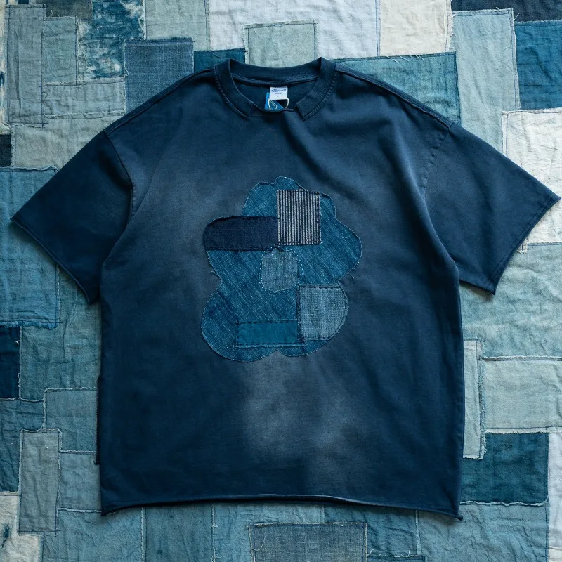 High Street Japanese Retro Indigo Washed Distressed Patchwork Short Sleeve T‑Shirt Unisex Loose Drop Shoulder Casual Tops