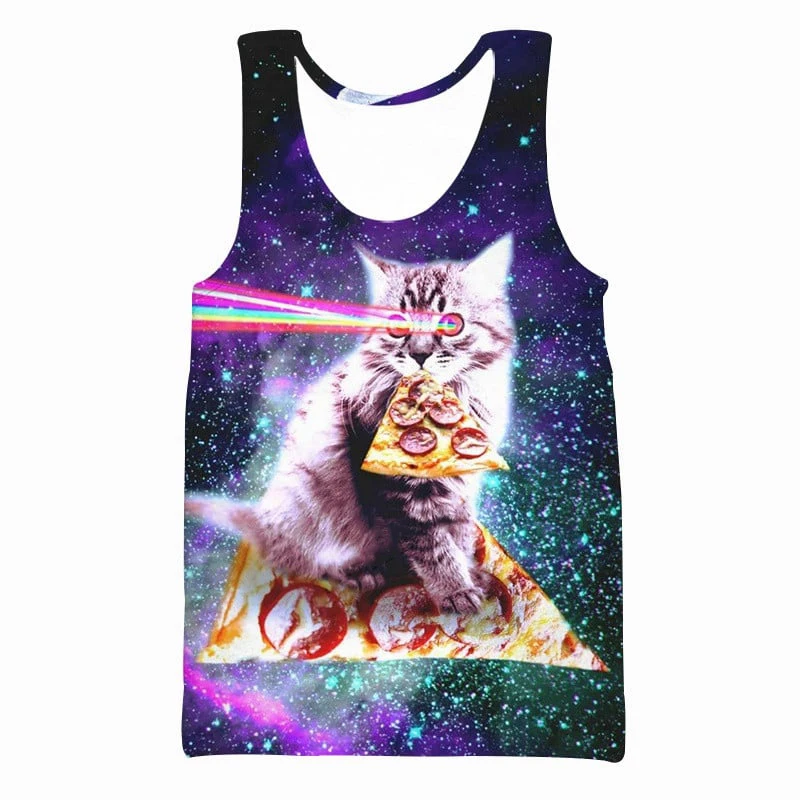 Summer Cat Eating Pizza 3D Print Tank Tops Men's Women Oversized Fitness Gym Vest Streetwear Sport Sleeveless Top Men Clothing