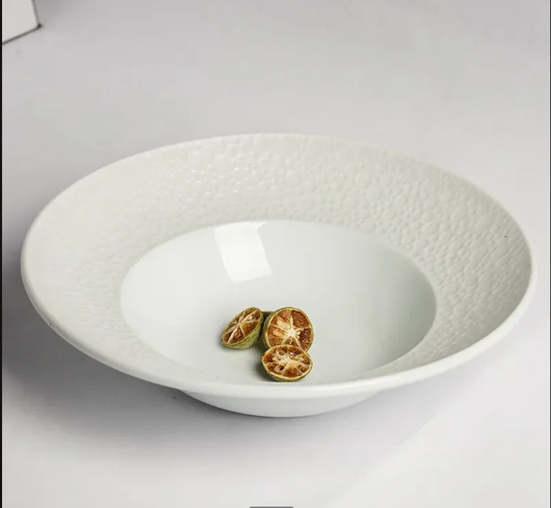 

Relief Round Soup Plate Household Salad Dessert Solid Color Ceramic Tableware Restaurant Dishes Decoration