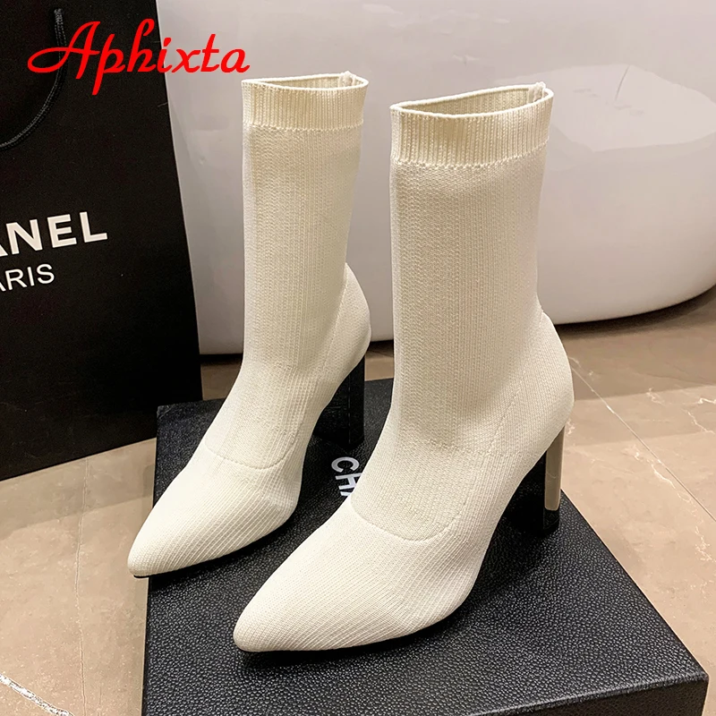 Aphixta 2022 Hot Sale Beige Sock Boots Women Shoes Stretch Knit 9cm Metal Bling Square Heel Pointed Toe Big Szie 42