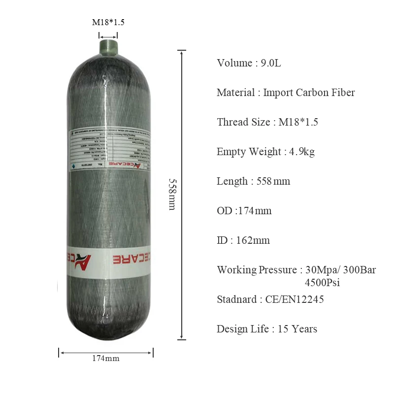 Acecare 9L 30Mpa 300Bar 4500Psi Carbon Fiber Cylinder HPA Air Tank Thread M18*1.5 SCBA Diving Firefighting China Directly