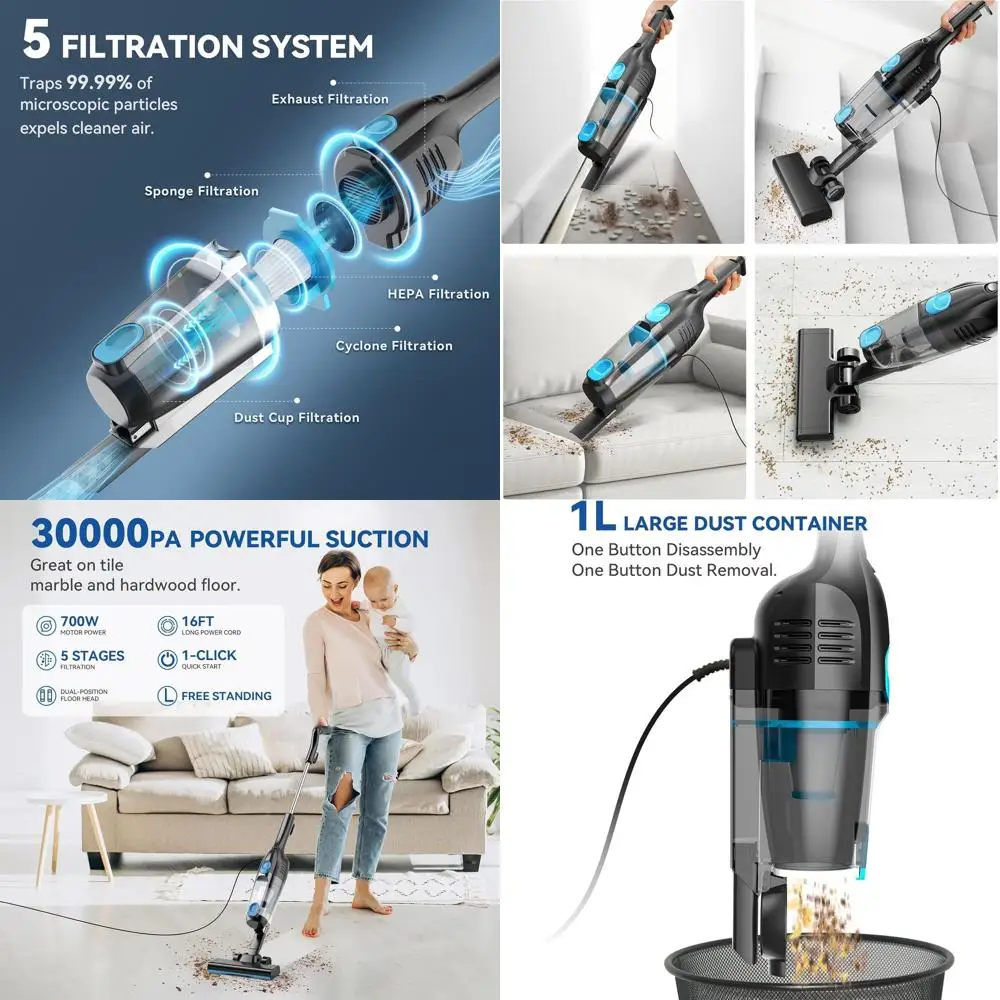 Powerful 30Kpa Corded Stick Vacuum, 16ft Long, 2-in-1 Lightweight Cleaner for Floors and Pet Hair (Blue-Black)