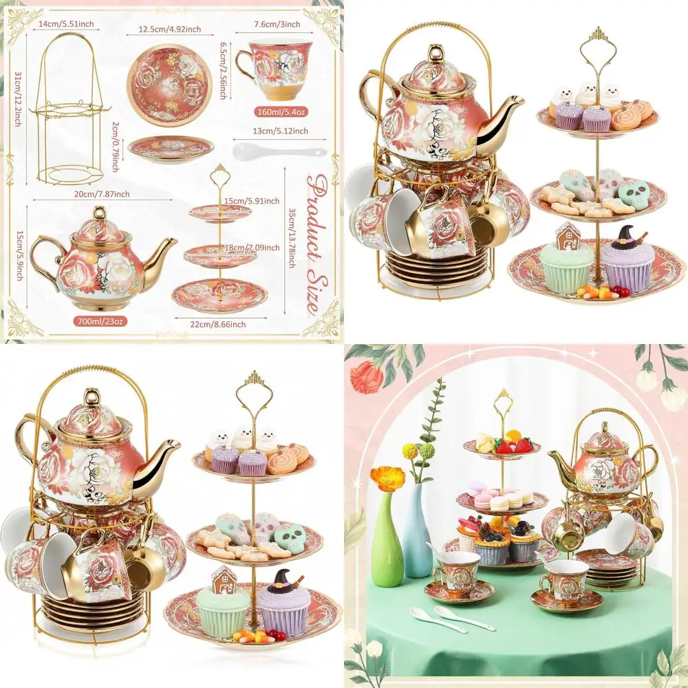 

Adult European Floral Tea Party Set with Metal Holder, 3-Tier Ceramic Cake Stand, Porcelain Cups, Teapot, Dessert, Cupcake, Chri