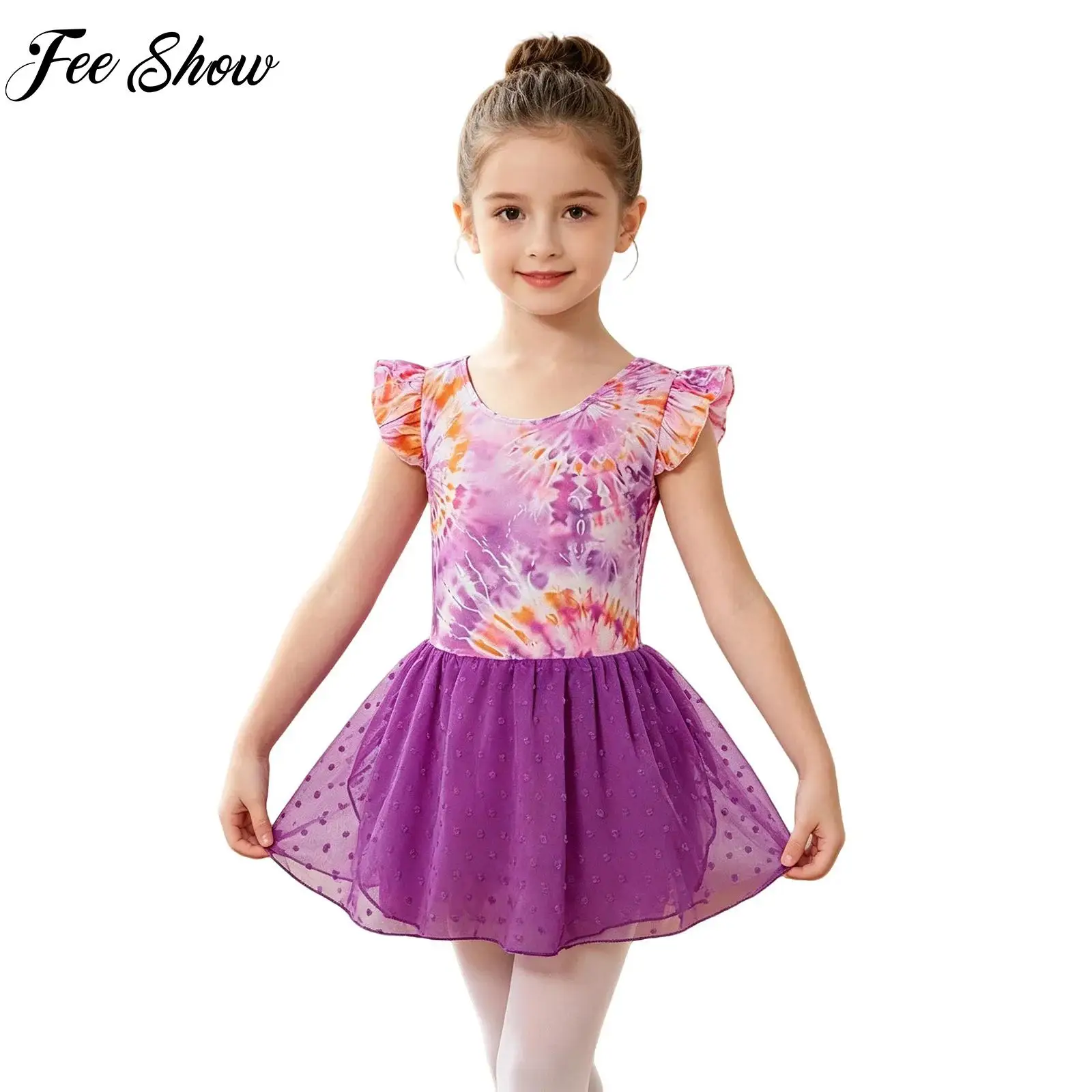 

Kids Girls Lyrical Ballet Jazz Dance Costume Ruffled Sleeve Floral Print Dress Gymnastics Stage Practice Performance Dance Dress
