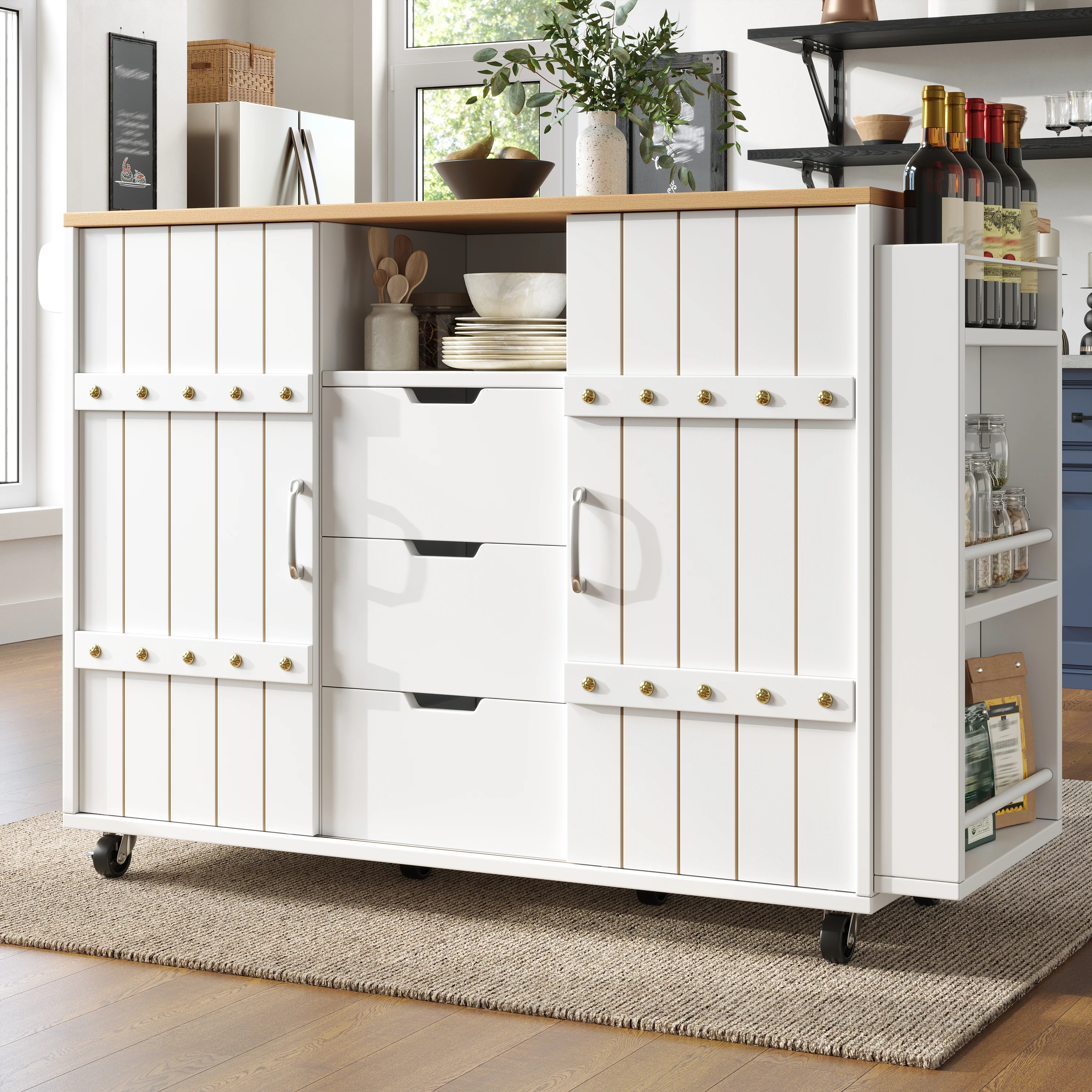 Îlot de cuisine blanc sur roulettes avec finition imitation bois, portes coulissantes, 3 tiroirs, étagère à épices et porte-serviettes – Chariot de service pliable avec plan de travail et étagères réglables pour le rangement