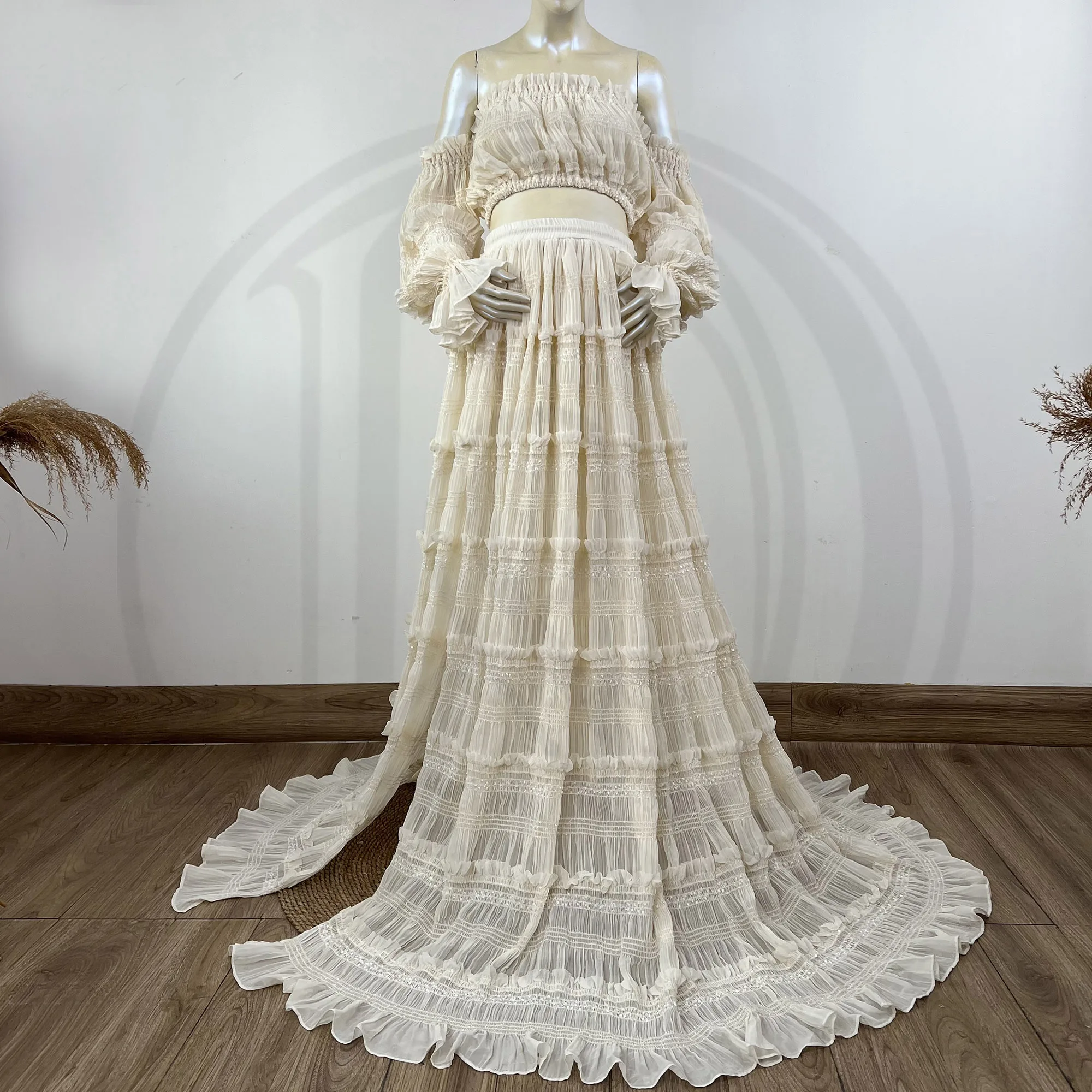 Don&Judy Bohe Mother & Daughter Beige Chiffon Strapless Dress for Birthday Party Photography Evening Gown Pregnancy Clothes