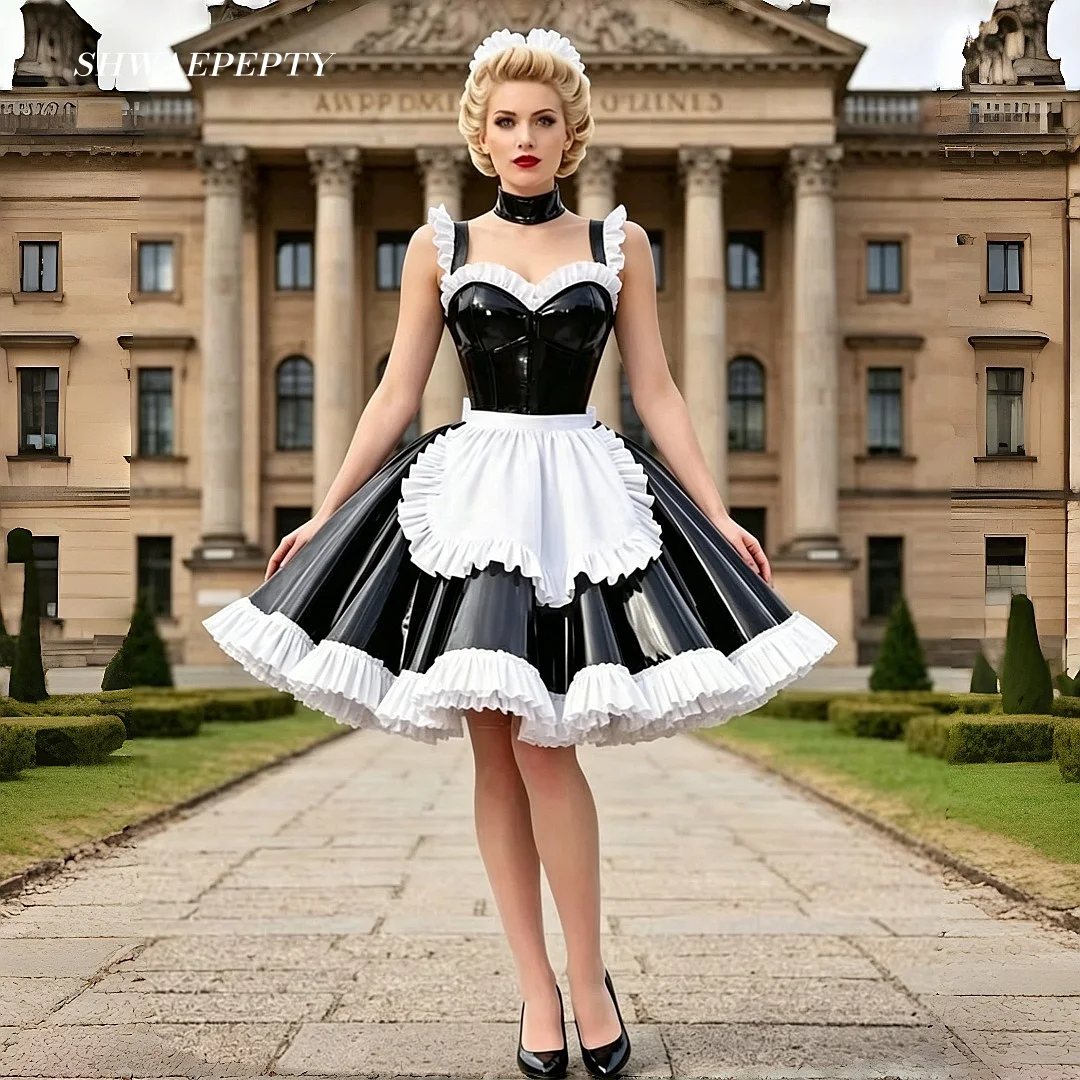 

Retro Shiny PVC Black White Prom Dress Ruffle Puff Sleeve Maid Costume with Apron Cosplay Halloween Carnival Dress Customized