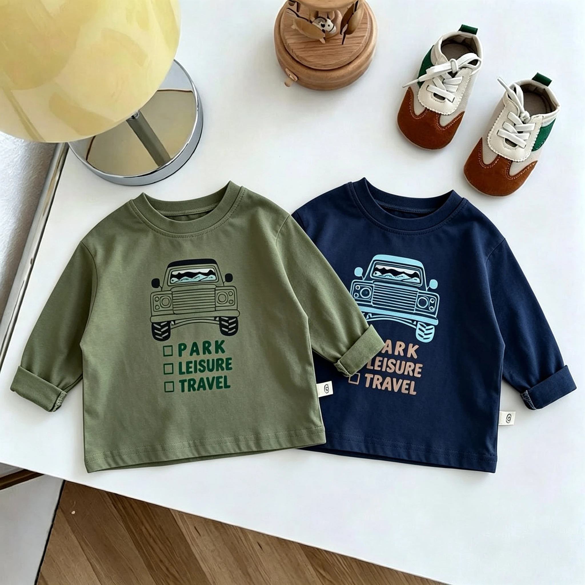 1 2 3 4 5years Children Long Sleeve Tshirt Tops Car Pattern Fashion Baby Boys Base Shirts Round Collar Pullover Blouse Autumn