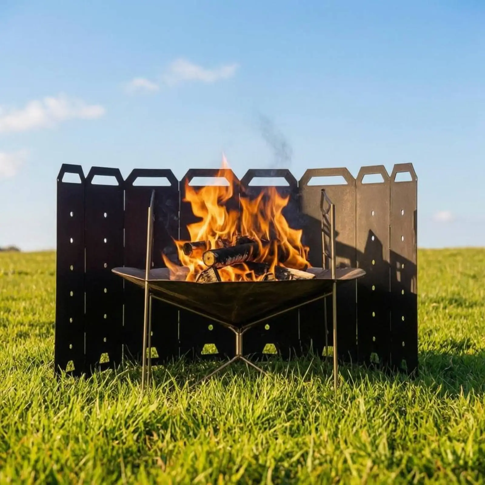 Foldable Fire Bowl Windscreen Carry Handles 8-Panel Metal Screen Heat Resistant