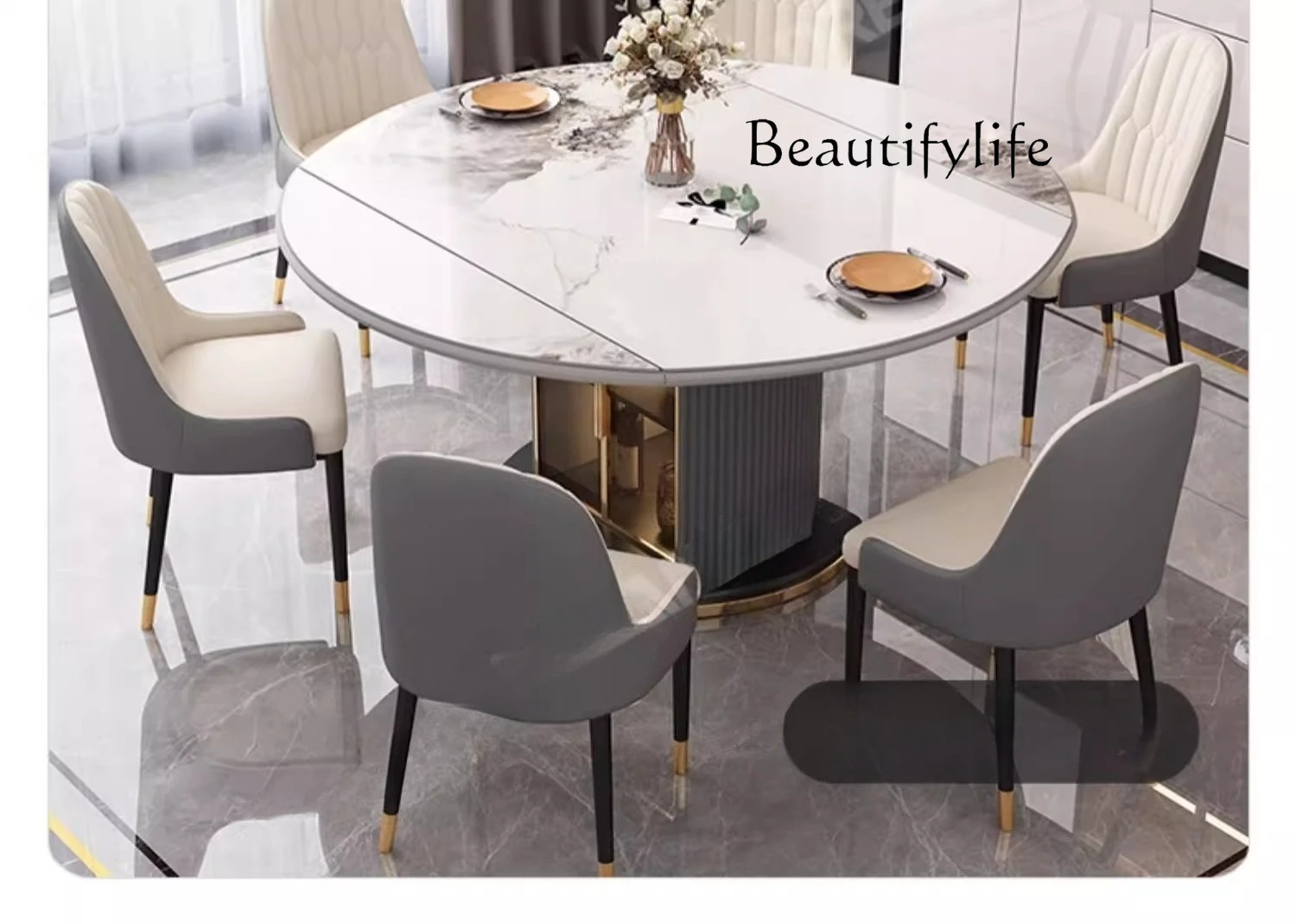 

Slate dining table household solid wood modern simple light luxury retractable small apartment dining chair combination