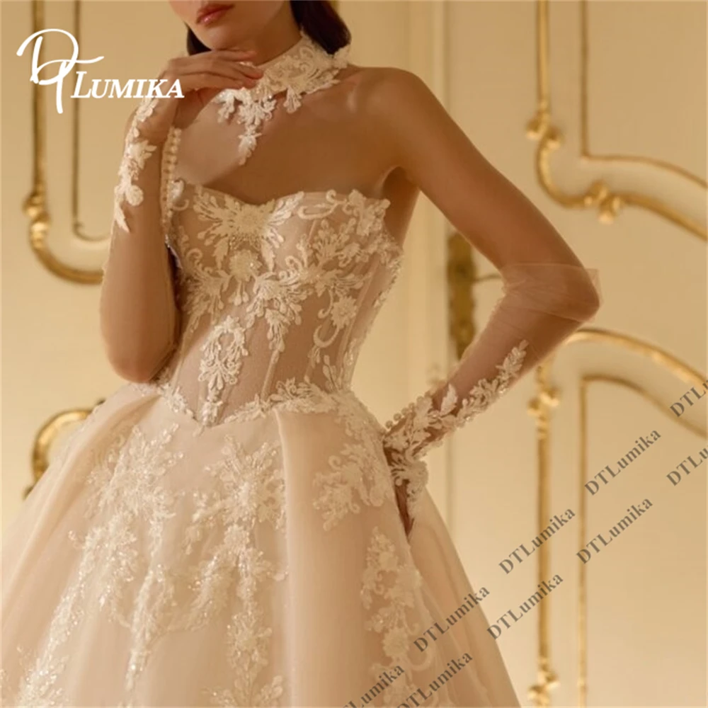 DTLumika Vintage Lace A Line Bridal Gown for Women 2026 Strapless Customized Wedding Dresses with Chapel Train Bridal Gown