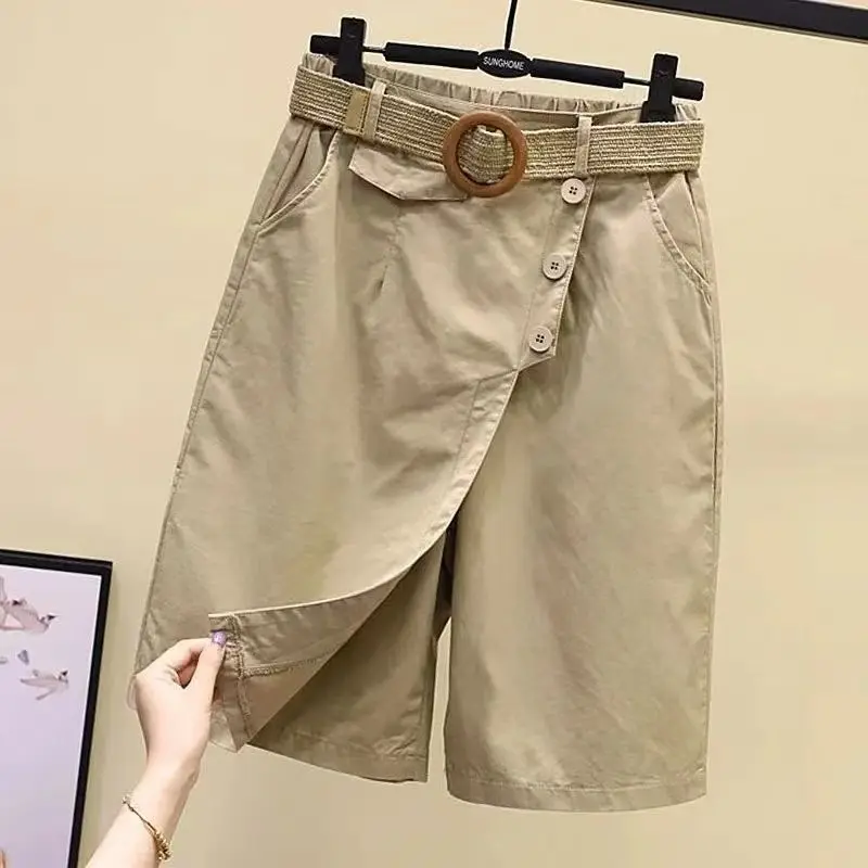 2024 New Elastic Waist Wide Leg Skirt Korean Version of Fashion Casual Straight Leg Five Quarter Pants High Waist Half Culottes