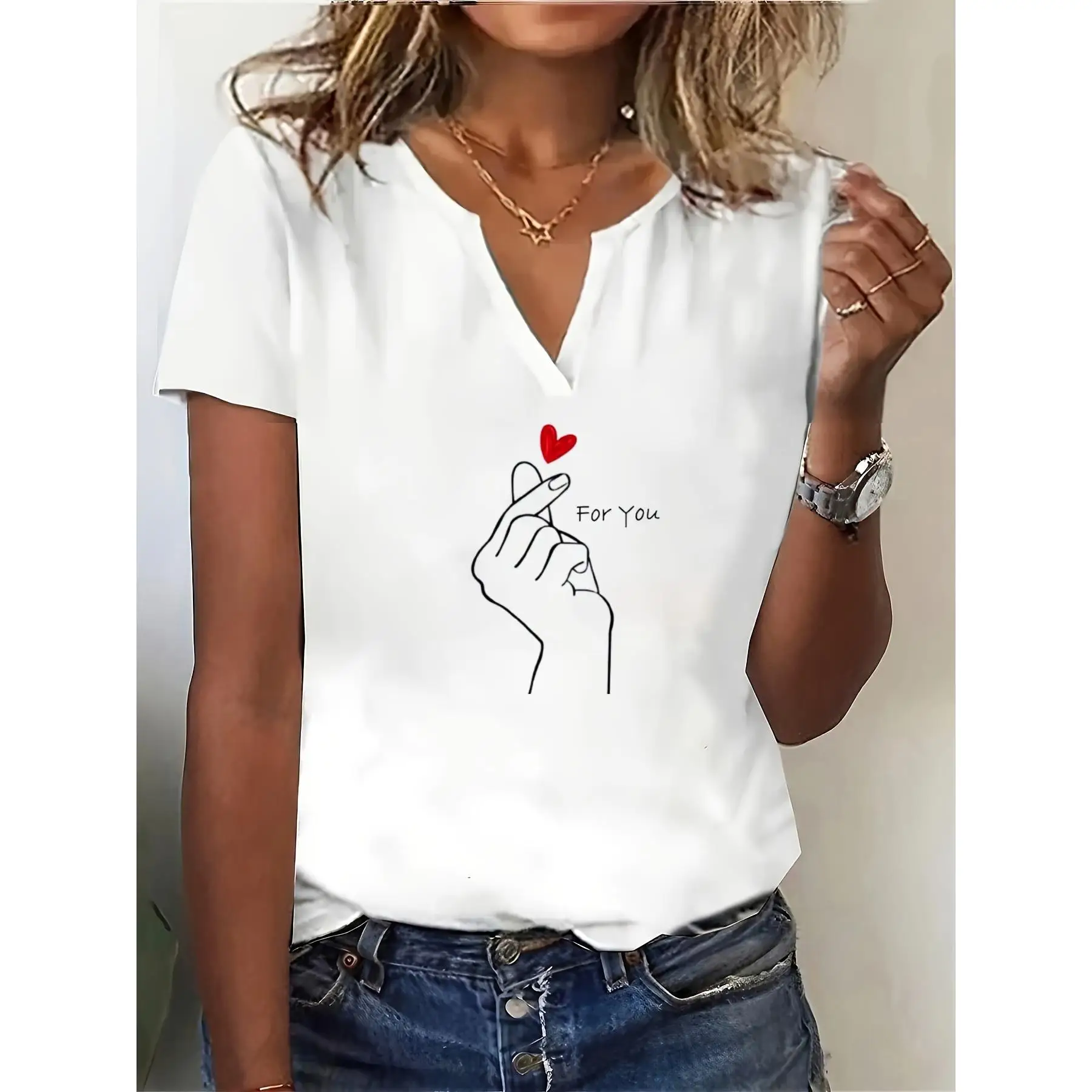 تي شيرت نسائي ort Sve مطبوع عليه مزيج قطن بوليستر مريح مناسب للصيف Faion Basic Crew Ne Top