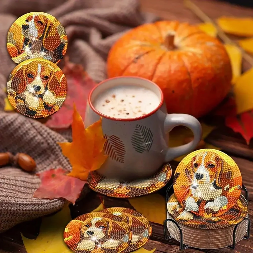 8 pieces/set of animal puppy diamond painting coaster set, DIY coaster with holder for beginners, art and craft gift