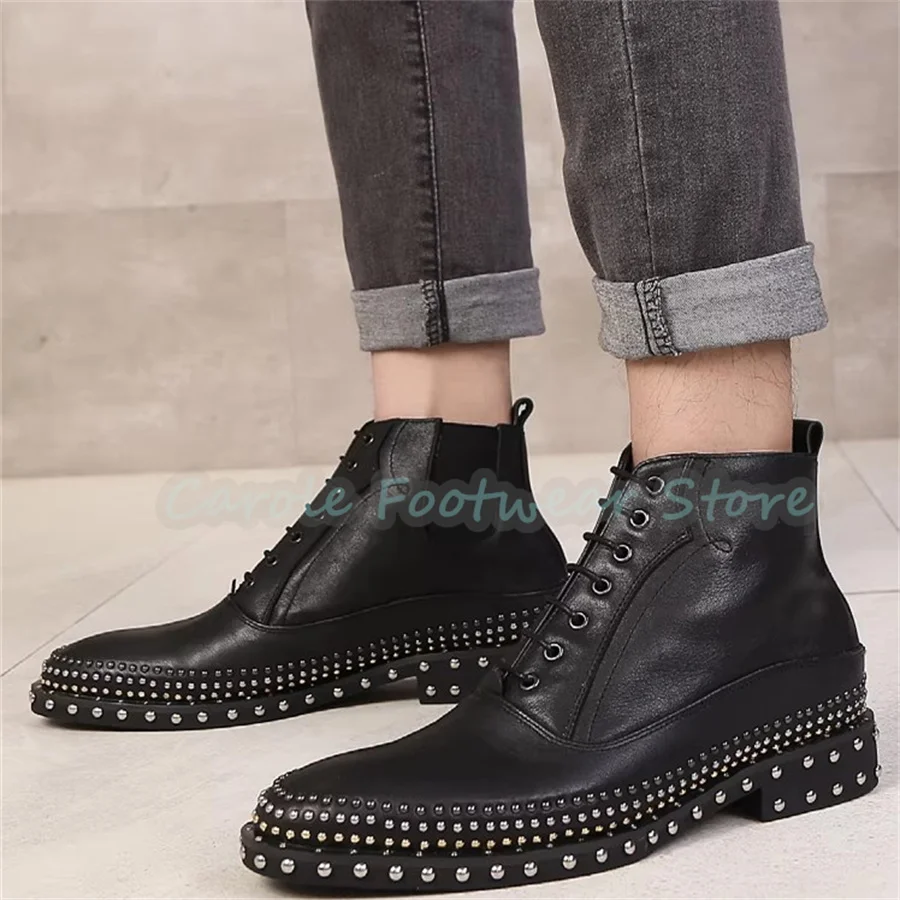 

Мужские ботинки в стиле панк с заклепками, на массивном каблуке, из натуральной кожи, ручной работы, на шнуровке, мотоциклетные ботинки, в британском стиле, деловые туфли