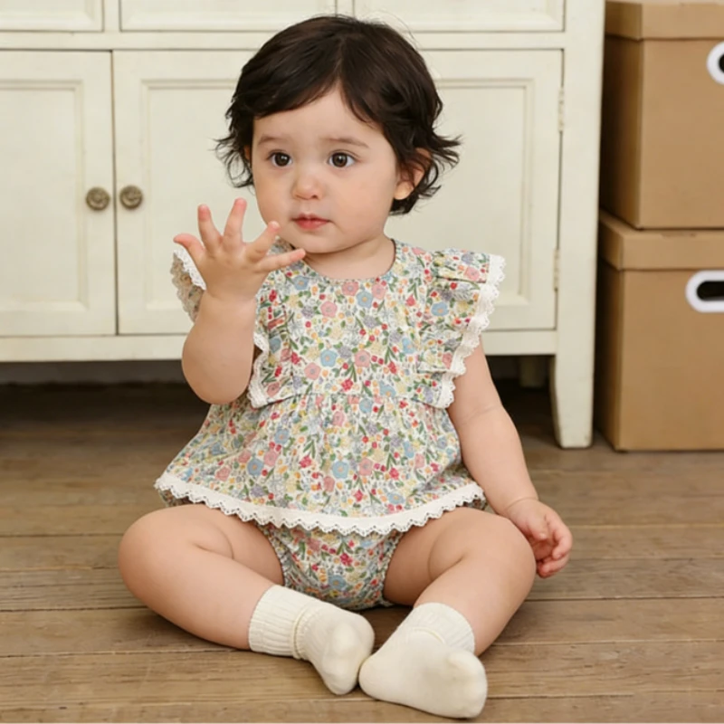 

Girls Onesie 2026 Spring and Summer New Childrens Clothing Korean Style Girl Baby Sweet Small Fly Sleeve Floral Onesie