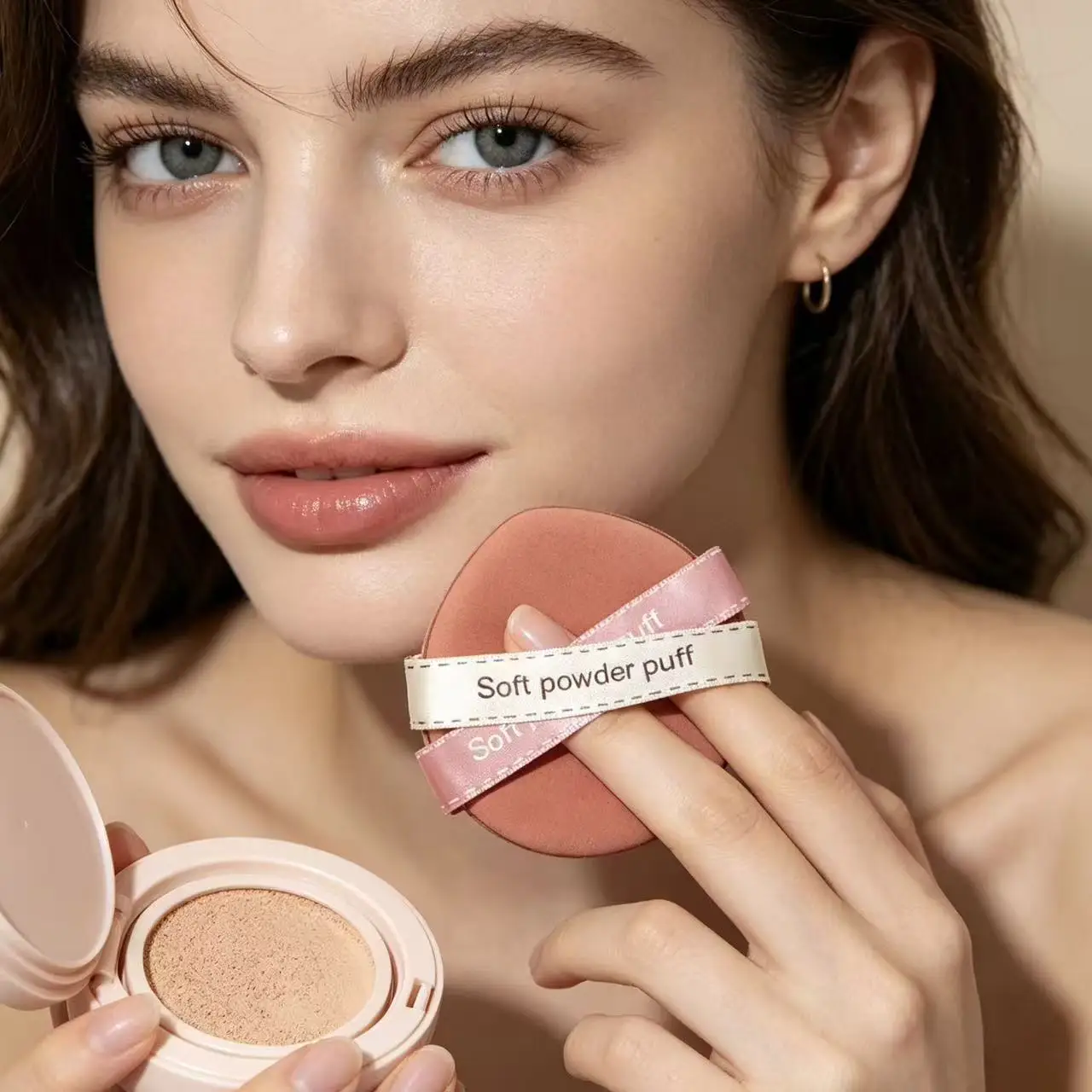 1 piece of ribbon-tied cushion makeup sponge, suitable for both dry and wet use, dual-sided beauty sponge.