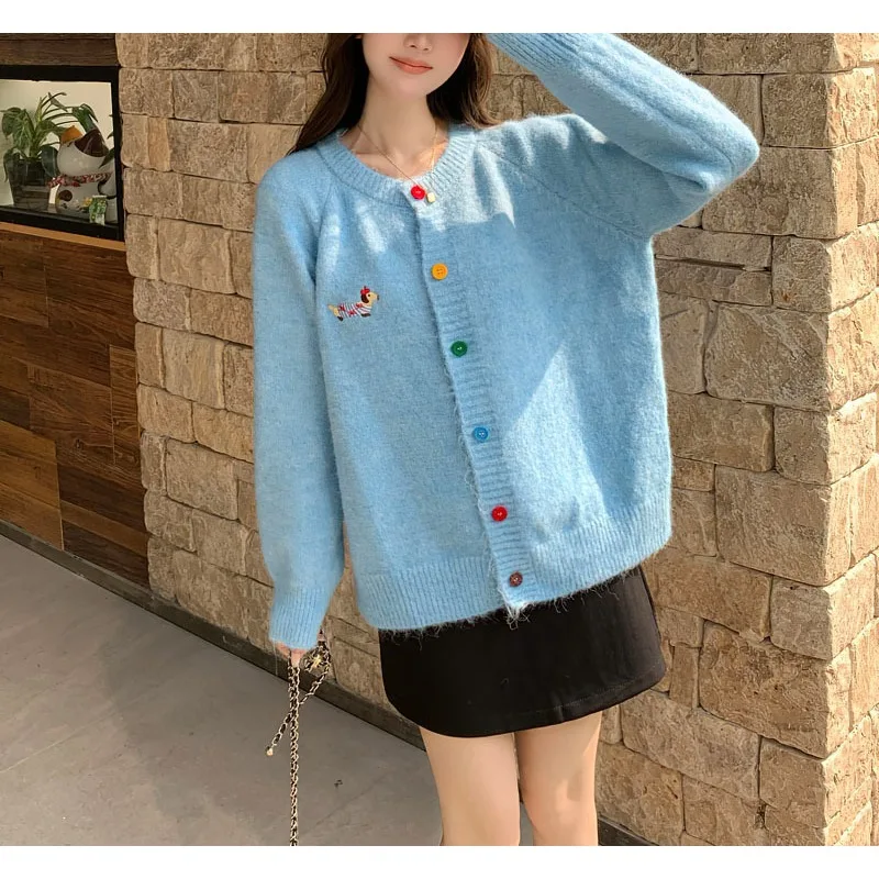 2026 Spring/Autumn/Winter Korean Fashion Sweet Round Neck Color Buckle Dog Pattern Long Sleeve Sweater Coat Top Cardigan view 5