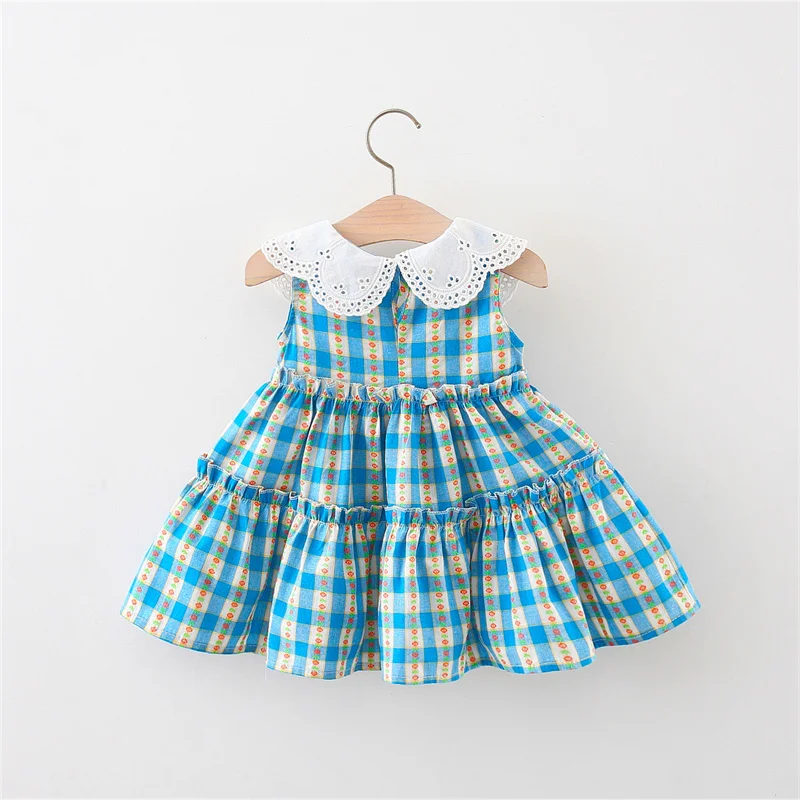 0-4 Y Toddlers Blue Lattice Costume Sweet Children Clothing Summer Baby Girls Sleeveless Dress Lovely Doll Collar Kids\' Dresses