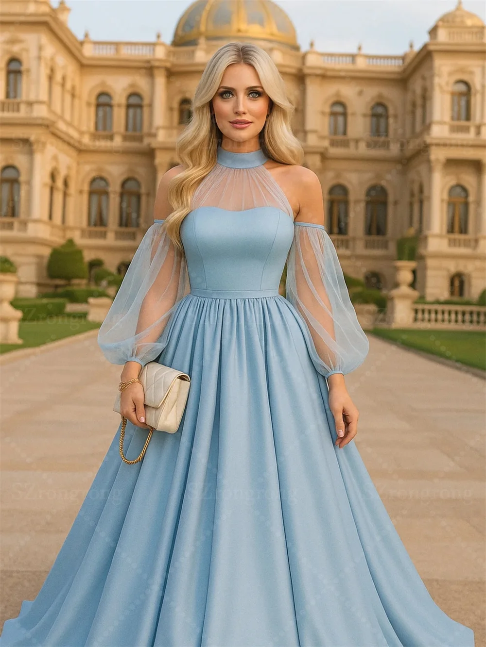 فستان سهرة زفاف حديث مصنوع حسب الطلب برقبة سكوب وثنيات بطول الأرض بدون ظهر للحفلات الراقصة مع ذيل رداء السهرة #5