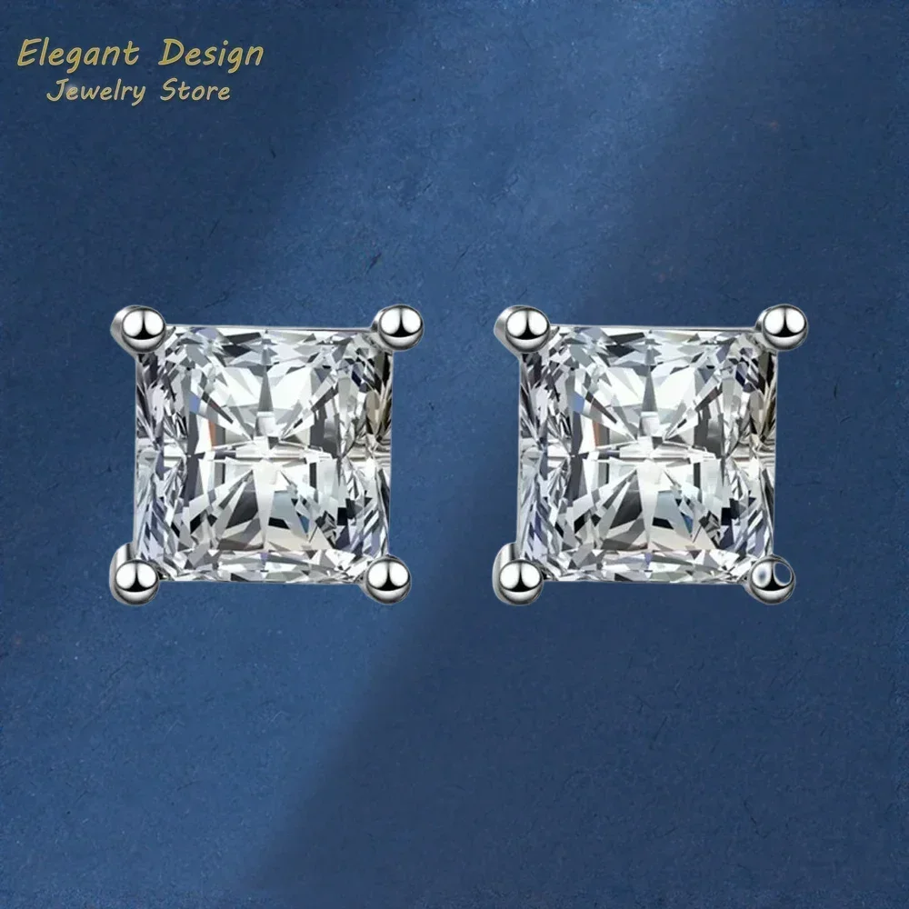 Moissanite Diamond Unusual Square Halo Stud Earrings for Women, PT950 Platinum Classic Earring Princess Trendy Fine Jewelry