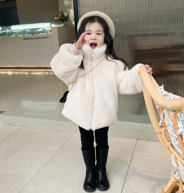 Children's Water Stainless Steel Environmentally Friendly Fur Coat, Girls' Cotton Coats with Velvet and Thickened Plush Coats