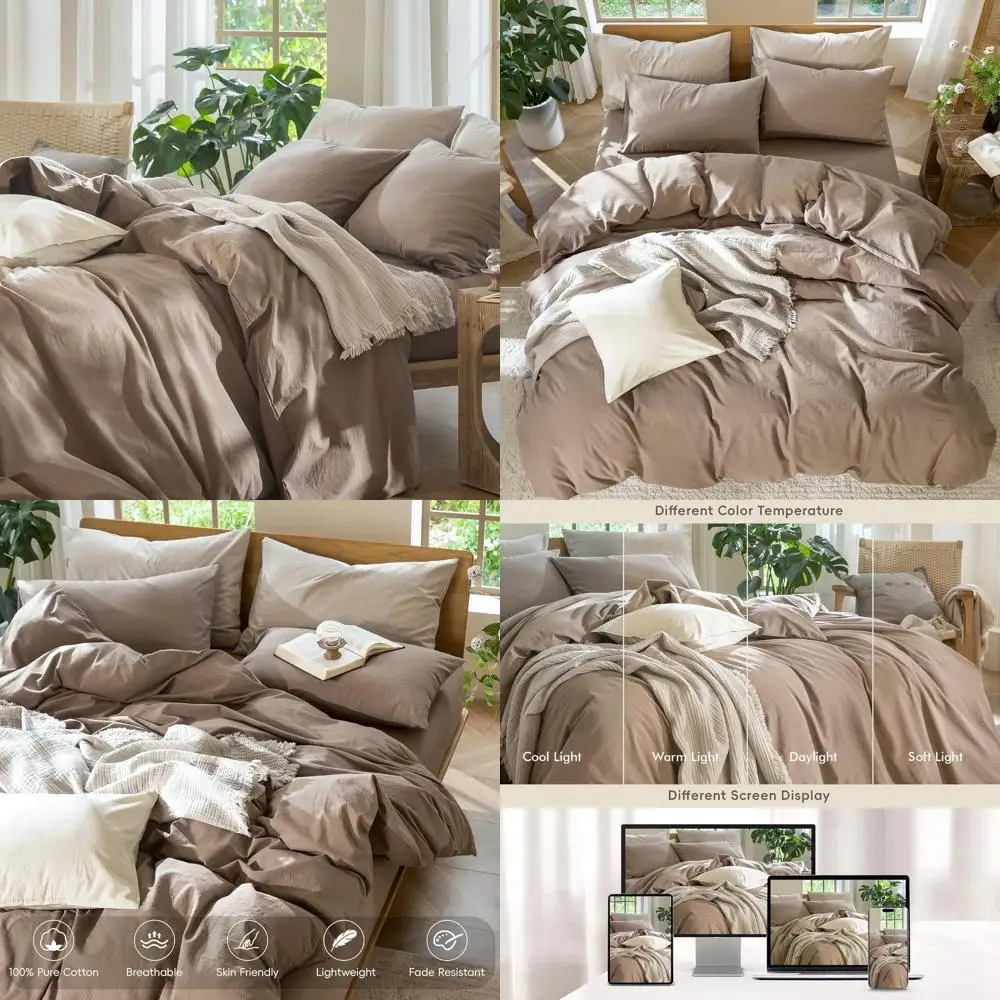 

Bedding Duvet Cover Set 100% Washed Cotton Linen Like Textured Breathable Durable Soft Comfy (Solid Brown, Queen 90"x90")