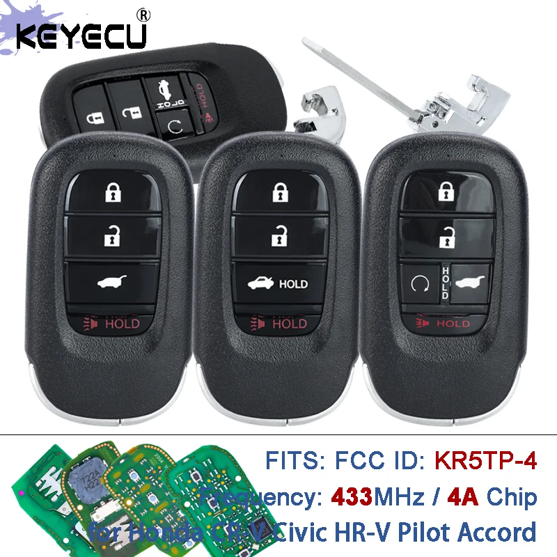 KEYECU 433MHz 4A Chip FCC ID: KR5TP-4 72147-T43-A11 Smart Remote Key Fob for Honda CR-V Civic HR-V Pilot Accord 2022-2024