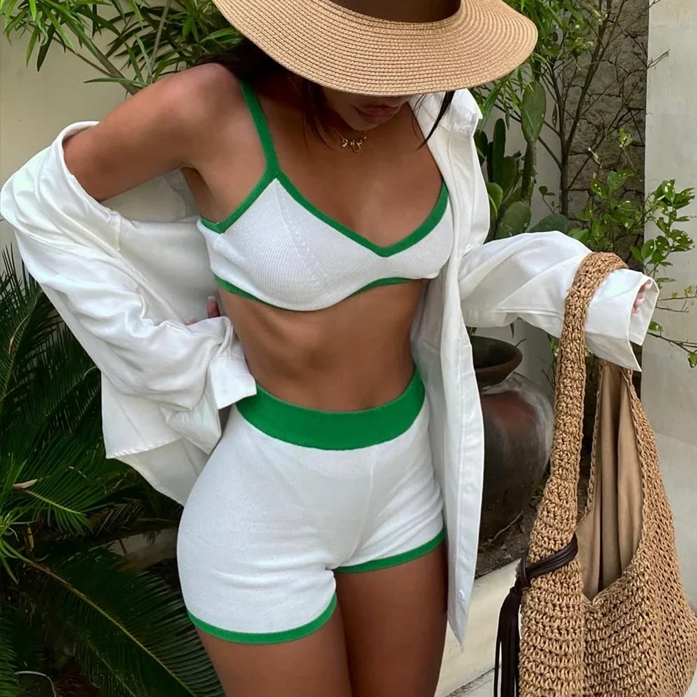 

Summer Shorts Two-Piece Set Women's Sexy Beach Vacation Sling Top Knitted Shorts Set 2025 Y2k Hot Girls Short Sets