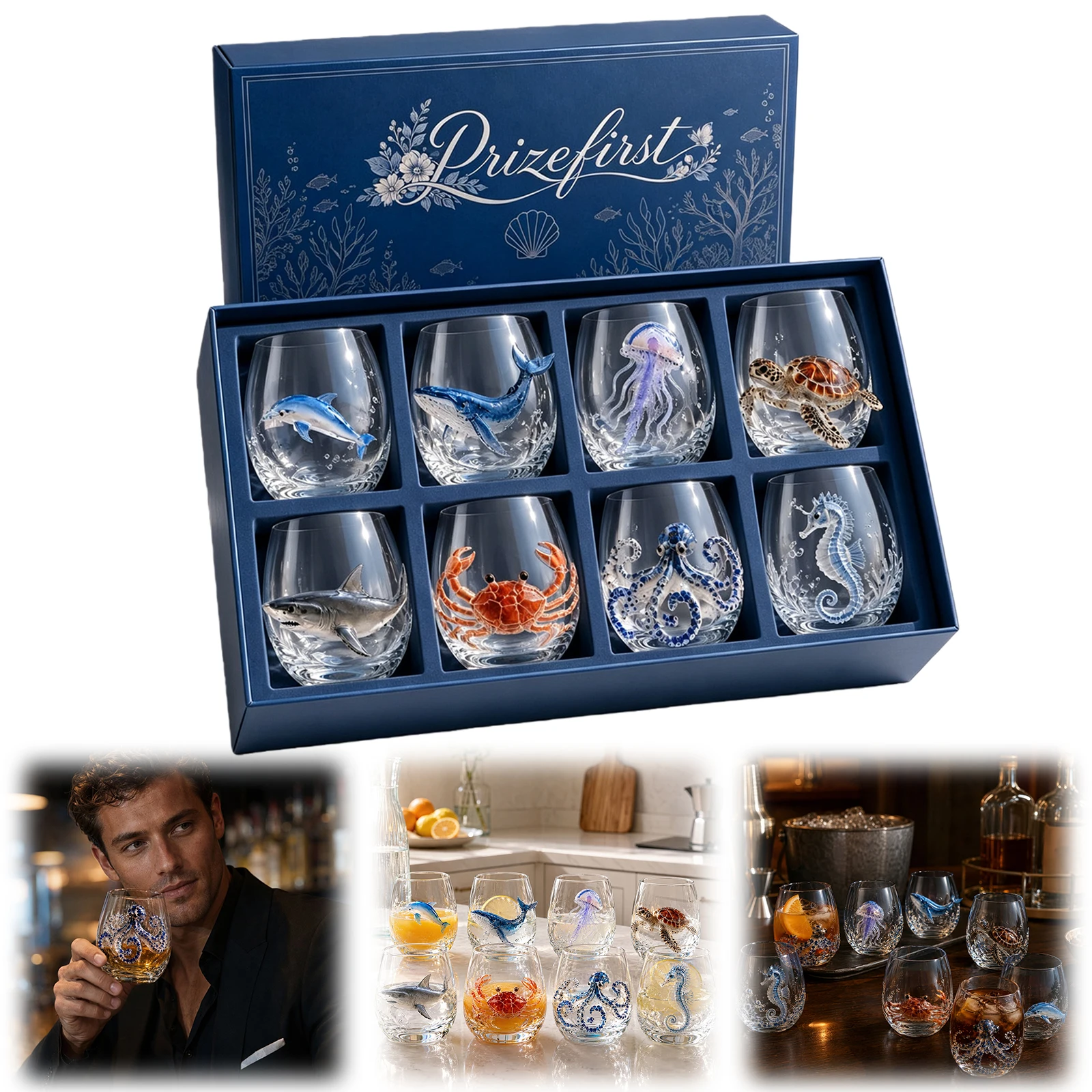 Unique Glass Art Crab Shaped Cup Squid Novelty Handcrafted Wine Drinkware 8PCS Hand-Blown Coastal Glassware