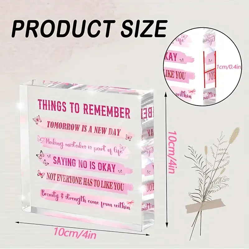 2D Flat, Things to Remember Positive Affirmations Desk Decor - Pink & Clear Motivational Office Decoration with Self-Esteem