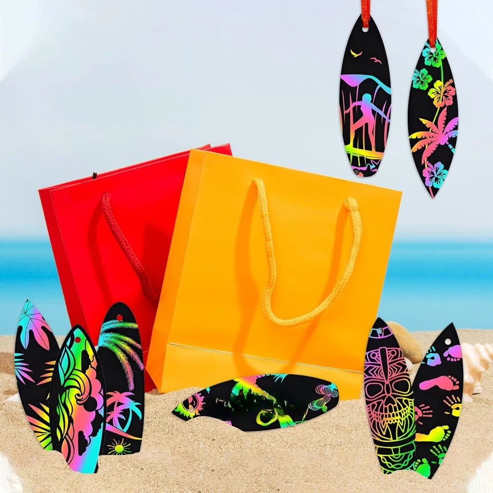 กระดานโต้คลื่นฤดูร้อน 48 ชิ้น, การ์ดขูดสําหรับเด็ก, หัตถกรรมกระดาษอาร์ตเวิร์มโต้คลื่น Magic Rainbow