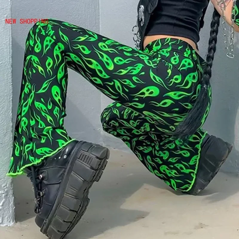 

Harajuku Green Fire Print Flare Pants Emo Drunk Style High Waist Bell Bottom Sexy Women Streetwear Y2K Punk Trousers Winter Fall