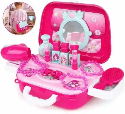 Bolsa de maquillaje de princesa 2 en 1 para niños, Kit de joyería de juguete, juego de maquillaje de simulación para niñas